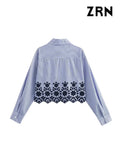 Yidouxian ZRN-Women's Cutwork Embroidery Striped Cropped Shirts, Long Sleeve, Front Button, Female Blouses, Chic Tops, Fashion