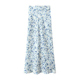 Yidouxian New 2024 Women Floral Print Satin Long Skirt Vintage High Elastic Waist A-line Spring Summer falda larga