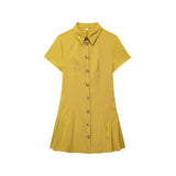 Yidouxian ZRN-Women's Front Button Pleated Mini Dress, Lapel Collar, Short Sleeve, Female Dresses, Fashion