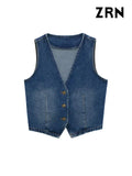 Yidouxian ZRN-Women's Sleeveless Front Button Denim Waistcoat, Female Outerwear, Chic Vest Tops, Fashion