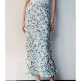 Yidouxian New 2024 Women Floral Print Satin Long Skirt Vintage High Elastic Waist A-line Spring Summer falda larga