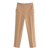 Yidouxian Women Fashion With Metallic Button Straight Pants Vintage High Waist Back Elastic Waistband Female Ankle Trousers Mujer