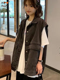 Yidouxian Balck Gray Sleeveless Broad Shoulder Denim Vests For Women Korean Fashion Lapel Single Breasted Coats Vintage Simple Vast