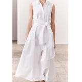 Yidouxian New Women Front Knotted White Shirt Dress Lapel Collar Sleeveless Female High Street Summer Dresses