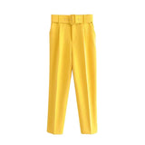 Yidouxian ZRN-Women's High Waist Zipper Fly Ankle Trousers with Belt, Office Wear Pants, Side Pockets, Female Fashion