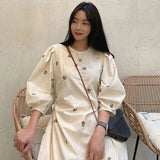 Yidouxian French Fashion Floral Embroidery Dress Women Puff Sleeve Casual Dresses Spring Casual O Neck High Waist Clothing