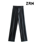 Yidouxian Women Fashion Faux Leather Straight Pants Vintage High Waist Zipper Fly Female Trousers Mujer