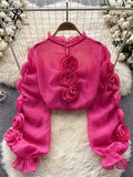 Yidouxian High Quality Organza Women Blouse 2024 Ruffles Neck Long Sleeves Loose Sweet Top Korean Style 3D Floral Sheer Shirt