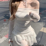 Yidouxian Sets Women Summer Slim Solid Irregular Skew Collar Ladies Long Sleeve T Shirt Fashion Chic Sweet Ruffles Ball Gown New