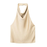 Yidouxian Women Fashion Satin Flowing Halterneck Tank Tops Sexy Backless With Button Female Camis Mujer