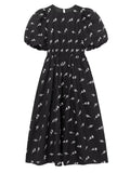 Yidouxian New Fashion Women Floral Embroidery Black Midi Dress Vintage Puff Sleeve O Neck Female Dress
