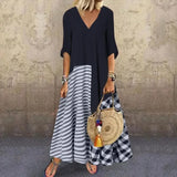 Yidouxian Women's Fashionable V-neck Short Sleeved Loose Long Dress Plaid Print Casual Oversized Loose Summer Long Dress