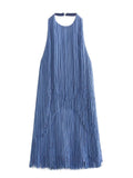 Yidouxian 2024 Women Blue Sexy Backless Halter Short Fringed Dress