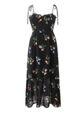 Yidouxian Summer Fashion Women French Style Floral Print Sling Chiffon Dress Vintage Black Female Midi Robe Prairie Chic Vestido