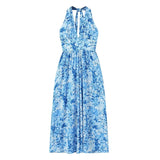 Yidouxian 2024 Women Sexy Backless Halter Blue Floral Print Midi Dresses Sleeveless Female Holiday Summer Dresses