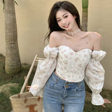 Yidouxian Shirt Off Shoulder Bubble Long Sleeve Crop Top Women's Slim Blouse Korean Fashion Corset