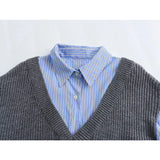 Yidouxian Women Patchwork Shirt Style Knit Sweater Long Sleeve Lapel Collar Female Oversize Pullover