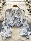 Yidouxian Korean Print Chiffon Shirt Bow Neck Long Sleeves Loose Leopard Top Casual Paisley Vintage Floral Blouse Spring 2024