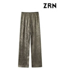 Yidouxian ZRN-Women's Metallic Straight Pants, High Elastic Waist with Drawstring, Female Trousers, Fashion