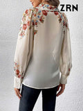 Yidouxian ZRN-Women's Floral Print Shirts, Semi Sheer, Long Sleeve, Button-up Tops, Female Blouses, Chic Fashion