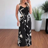 Yidouxian and Summer Women's Fashionable Backless Waist Wide Leg Pants with Suspender Style Printed Jumpsuit