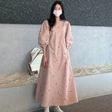 Yidouxian French Fashion Floral Embroidery Dress Women Puff Sleeve Casual Dresses Spring Casual O Neck High Waist Clothing