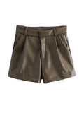 Yidouxian ZRN-Women's Faux Leather Shorts with Side Pockets, High Waist, Zipper Fly, Female Short Pants, Chic Fashion