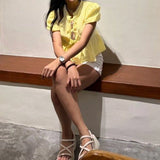 Yidouxian Women's Elegant Kawaii Summer Peplum Blouse Tops Short Puff Sleeve Round Neck Bow Tie-Up Front Babydoll Flare Shirts