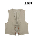 Yidouxian ZRN-Women's Sleeveless V-Neck Vest with Beading Tied Waistcoat, Female Outerwear, Chic Tops, Fashion