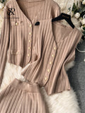 Yidouxian Senior Knitted Suits Fashion Metal Button Vest+V Neck Long Sleeves Cardigans+Wide Legs Pants Stripe Three Pieces Sets