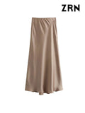 Yidouxian ZRN-Women's Flowing Satin Midi Skirt, High Waist With Elastic Waistband, Female Skirts, Chic Fashion