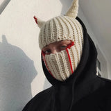Yidouxian Unisex Knit Hat Halloween Devil Horn 1 Hole Balaclava Y2K Vintage Gothic Winter Warm Wind Proof Beanie Cap