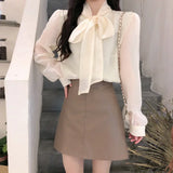 Yidouxian French Fashion Chiffon Blouse Women Bow Tie Half High Collar Lantern Sleeve Shirt Top Spring New Fashion Korean Clothes