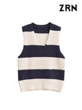 Yidouxian Women Fashion With Split Hem Striped Knit Vest Sweater Vintage V Neck Sleeveless Female Waistcoat Chic Tops