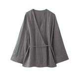 Yidouxian Women Fashion With Tied Textured Crossover Kimono Blouses And Mid Elastic Waist Pants Female Two Piece Sets Mujer