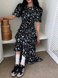 Yidouxian Korean Style Women Dress 2024 Summer Retro Round Neck Slimming Puff Short Sleeve Floral Printed Dresses Sweet Robe