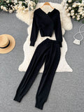 Yidouxian Winter Casual Knitted Two Pieces Suits V Neck Long Sleeve Sweater+ Elastic Casual Long Pants Sets Women Sweater Sets