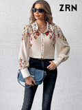 Yidouxian ZRN-Women's Floral Print Shirts, Semi Sheer, Long Sleeve, Button-up Tops, Female Blouses, Chic Fashion