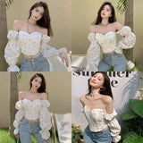 Yidouxian Shirt Off Shoulder Bubble Long Sleeve Crop Top Women's Slim Blouse Korean Fashion Corset