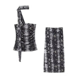 Yidouxian ZRN-Women's Strapless Leopard Tulle Draped Bustier Tops and High Waist Long Skirt, Female Two Pieces Sets, Sexy Fashion