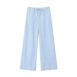 Yidouxian ZRN-Women's Full Length Striped Pants, Side Pockets, Mid Elastic Waist, Drawstring, Female Trousers, Fashion