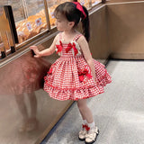 Yidouxian Pleated Tutu Skirt Summer Party Clothes Bow Lace Girls Plaid Printing Sleeveless Dress