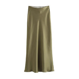 Yidouxian ZRN-Women's Flowing Satin Midi Skirt, High Waist With Elastic Waistband, Female Skirts, Chic Fashion