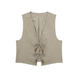 Yidouxian ZRN-Women's Sleeveless V-Neck Vest with Beading Tied Waistcoat, Female Outerwear, Chic Tops, Fashion