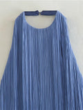 Yidouxian 2024 Women Blue Sexy Backless Halter Short Fringed Dress