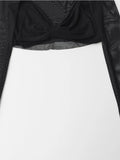 Yidouxian Spring 2024 Women Sexy Semi-sheer Patchwork Mesh T Shirt Long Sleeve O Neck Black Tee Summer Crop Top