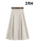 Yidouxian Midi Skirt With Belt for Women, High Waist, Side Zipper, Female Skirts, Fashion