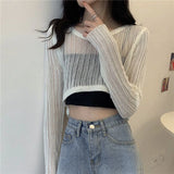 Yidouxian Out T Shirts Women Korean O Neck Loose Sunscreen Fashion All Match Tees Summer Long Sleeve Solid Thin Crop Tops