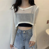 Yidouxian Out T Shirts Women Korean O Neck Loose Sunscreen Fashion All Match Tees Summer Long Sleeve Solid Thin Crop Tops