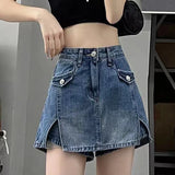 Yidouxian Women Denim Shorts Korean Retro Casual Streetwear Slim Split Shorts Summer All Match High Waist Female Pants Skirt